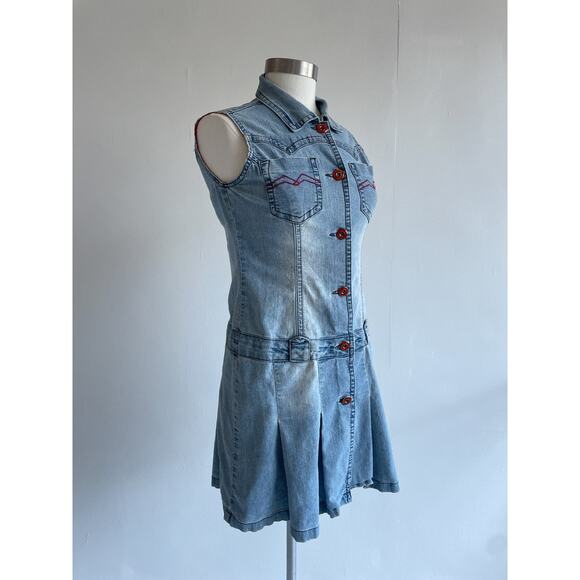 Vtg Y2K Denim Button Up Pleated Mini Dress QZYZ Sleeveless Size L - Picture 2 of 9